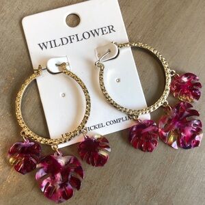 Gold Hoops with Pink Dangle Leaves Earrings